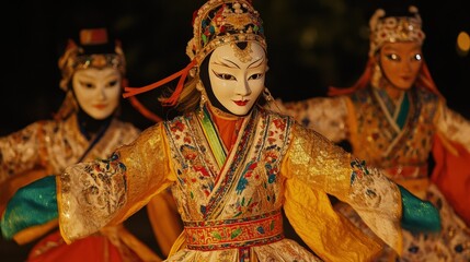 Naklejka premium Vibrant mongolian tsam dance performance with traditional masks and costumes