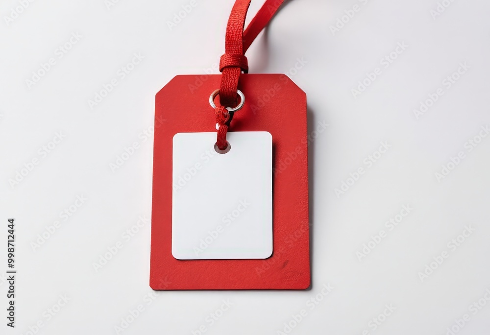 Poster a red tag with a white label attached, hanging from a red string