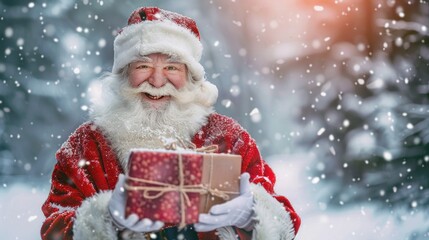 A smiling Santa Claus holding a red box