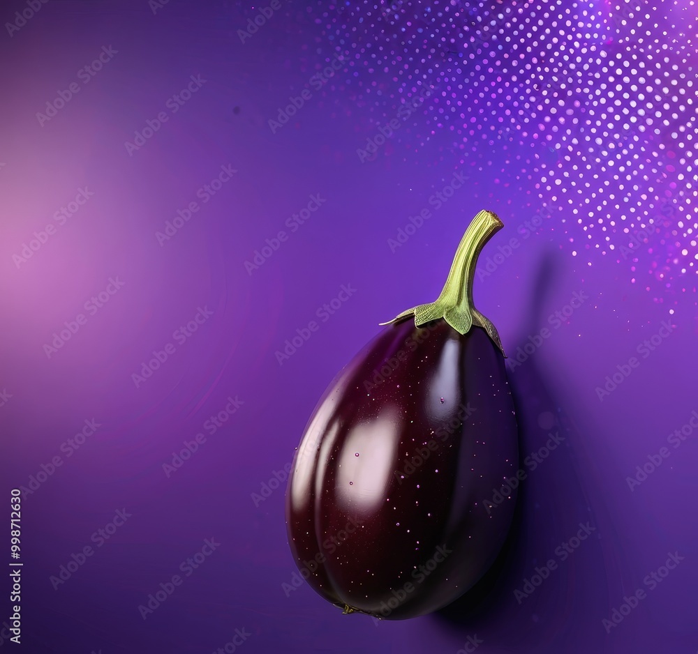 Aufkleber a single eggplant with a green stem and leaf is displayed against a purple background with a pattern