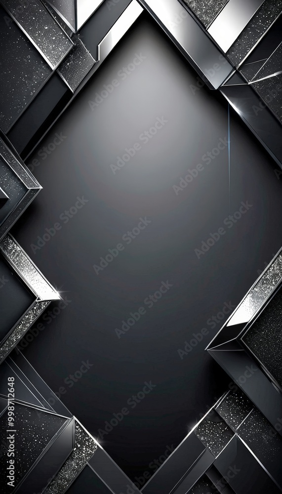 Poster a dark, abstract background with a diamond-shaped pattern composed of intersecting lines and rectangles, creating a sense of depth and dimension The edges of the pattern