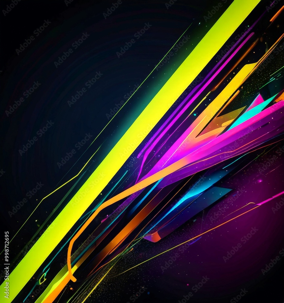 Poster a vibrant abstract composition with diagonal lines in various colors, including yellow, green, purpl