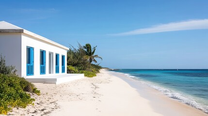Fototapeta premium A sophisticated coastal retreat, with minimalist white walls, vibrant blue shutters, and a sandy beach stretching toward the gentle ocean waves