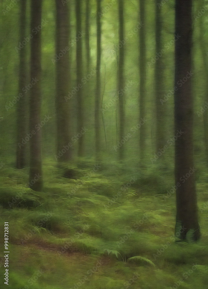 Poster a forest of tall trees with green foliage, creating a serene and tranquil atmosphere