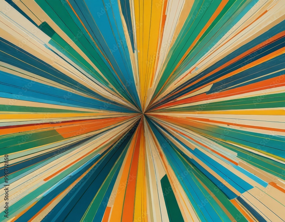 Poster a vibrant abstract composition featuring radiating lines in various colors, including blue, orange, 