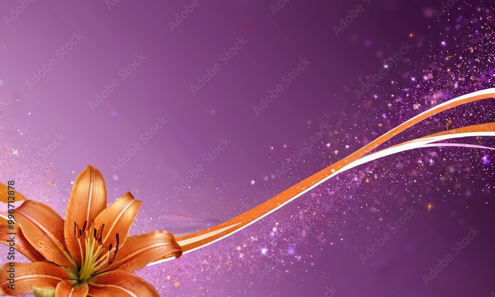 Poster a vibrant orange lily flower in the foreground, with a purple background adorned with sparkling whit