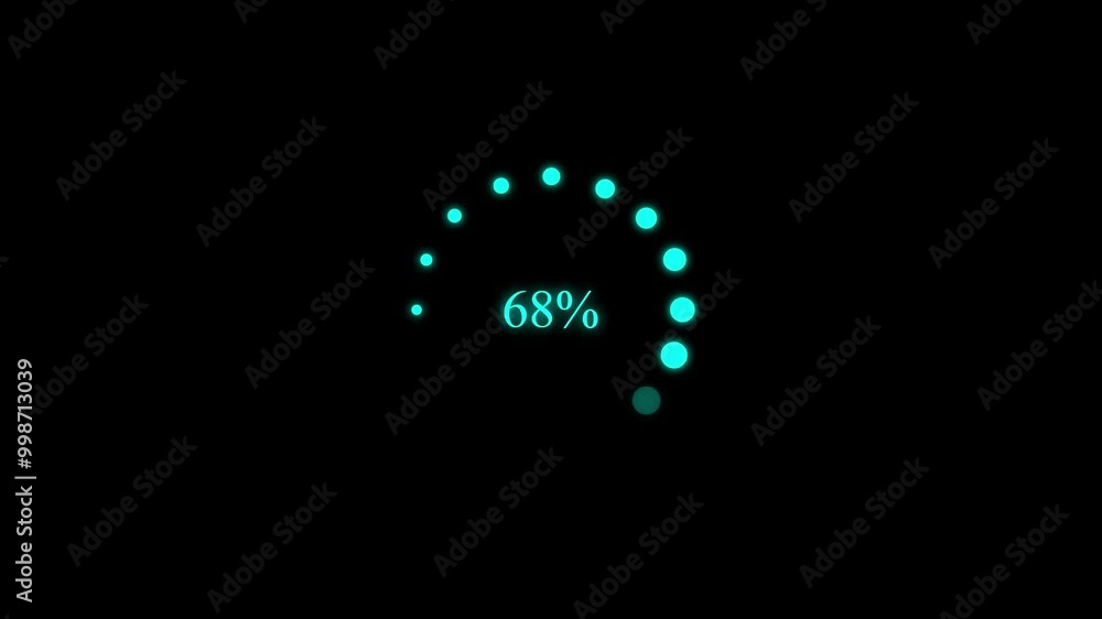 Poster circle rotating loading or progress bar icon. cyan dot ring on black background. downloading - 1 to 