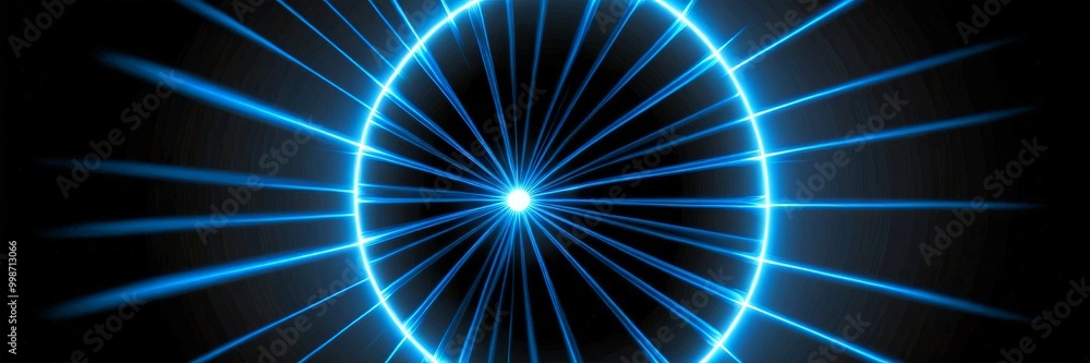 Poster a circular pattern of blue and white light rays radiating outwards from a central point, creating a striking visual effect.