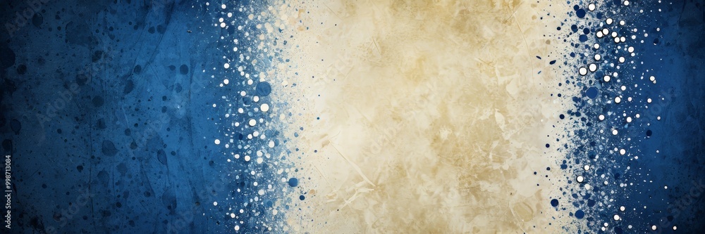 Poster a textured background with a gradient of blue and gold colors, creating a sense of depth and movement The blue section is adorned with white dots, while the gold section