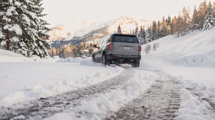 A gray SUV navigates a snowy mountain road, leaving tire tracks in the fresh powder. Scenic winter landscape with snowy peaks and trees in the background.