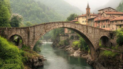 Naklejka premium A stone arch bridge from the medieval era, crossing a narrow river, with a quaint village in the background