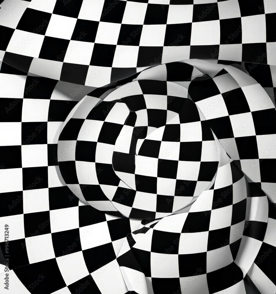 Poster a black and white checkered pattern with a central, curved shape that appears to be a person's face.