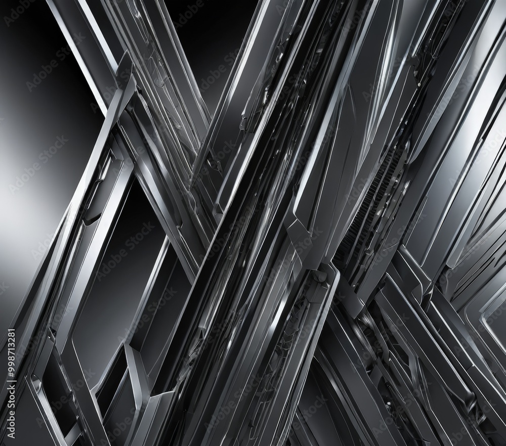 Poster a digital of a complex, abstract metallic structure composed of intersecting lines and curves, creating a sense of depth and dimensionality.