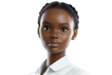 A young girl with braided hair gazes forward with a calm expression, wearing a simple white shirt, exuding a sense of purity and simplicity.