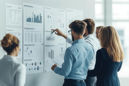 A group of professionals analyzing graphs and charts during a business meeting, fostering collaboration and strategic planning.