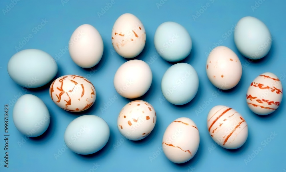 Poster Twelve eggs in various colors and patterns are arranged on a light blue background