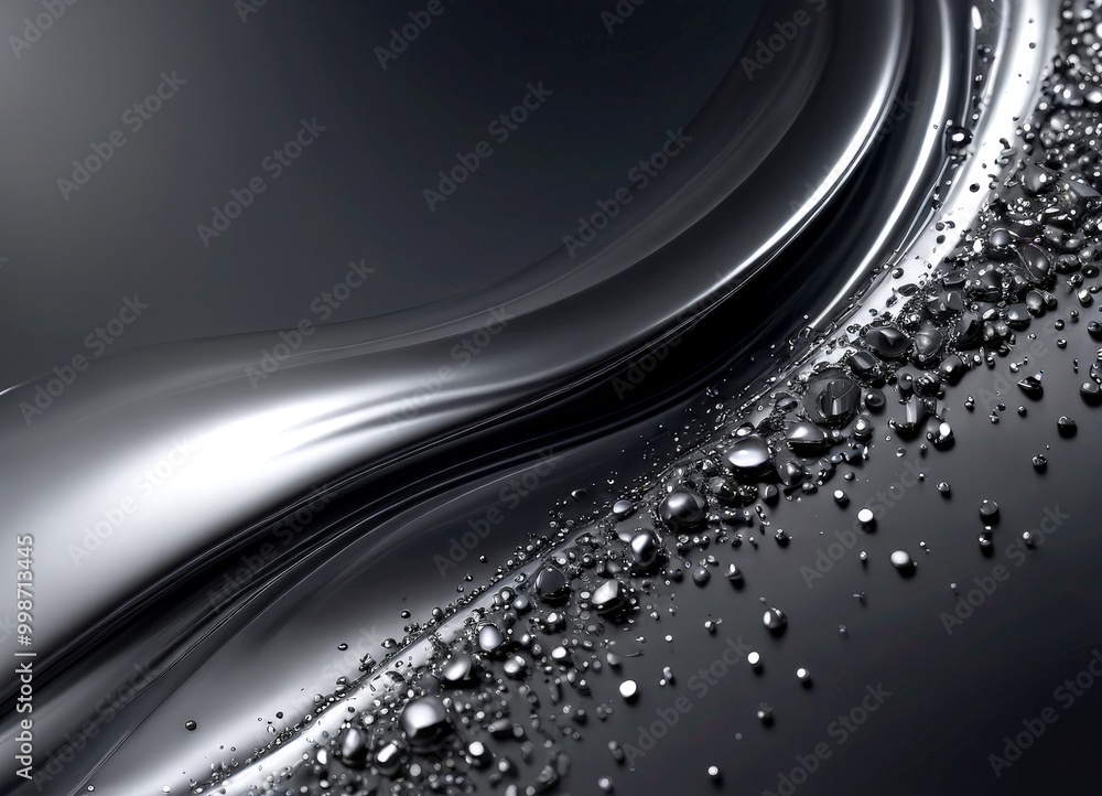 Poster a close-up view dark, glossy surface with a wave-like pattern and scattered metallic particles, creating a visually striking contrast between the smooth, reflective