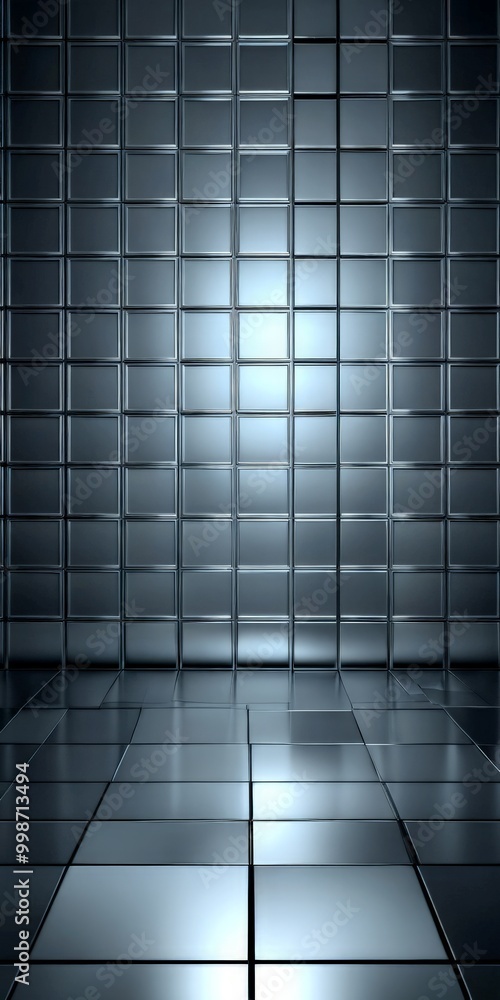 Poster A dark, metallic grid-like pattern with a reflective, glossy surface, creating a sense of depth and space