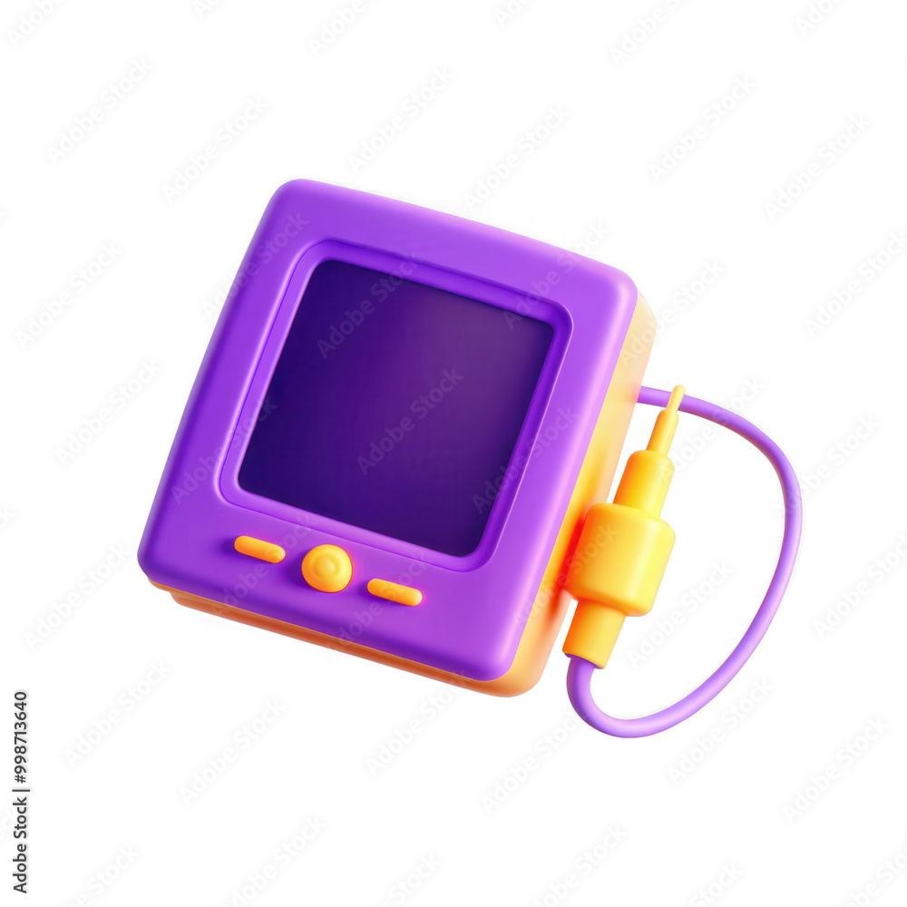 Poster a colorful 3d model of a retro game console in purple and yellow, featuring a screen and a connected
