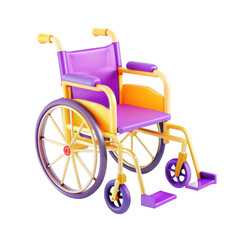 Fototapeta premium A vibrant, colorful wheelchair model featuring purple and orange elements, designed for accessibility. This 3D render showcases an inclusive design.