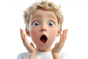 An animated young boy with curly blonde hair exhibits a shocked expression with wide eyes and hands raised to his cheeks, enhancing his surprise.