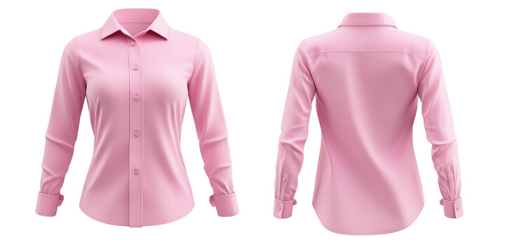 3d pink woman blouse office formal shirt front and back view. Blank mockup for branding uniform on transparent cutout background, PNG file. Mockup clipart template