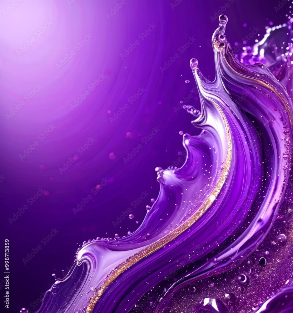 Poster a vibrant abstract composition of purple and gold hues, with a central wave-like shape and a gradient effect transitioning from deep purple to lighter purple