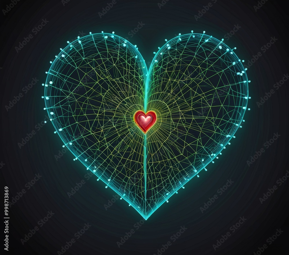 Leinwandbilder a glowing heart-shaped network with a red heart at its center is displayed against a dark background