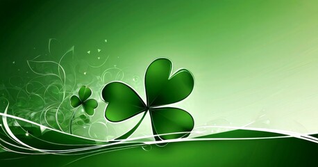 A vibrant green shamrock with four leaves stands out against a gradient background, accompanied by a swirling pattern of green leaves and a white wave-like design.