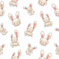 Cute rabbit character. Seamless pattern. Kawaii cartoon hare. Vector drawing. Design ornaments.