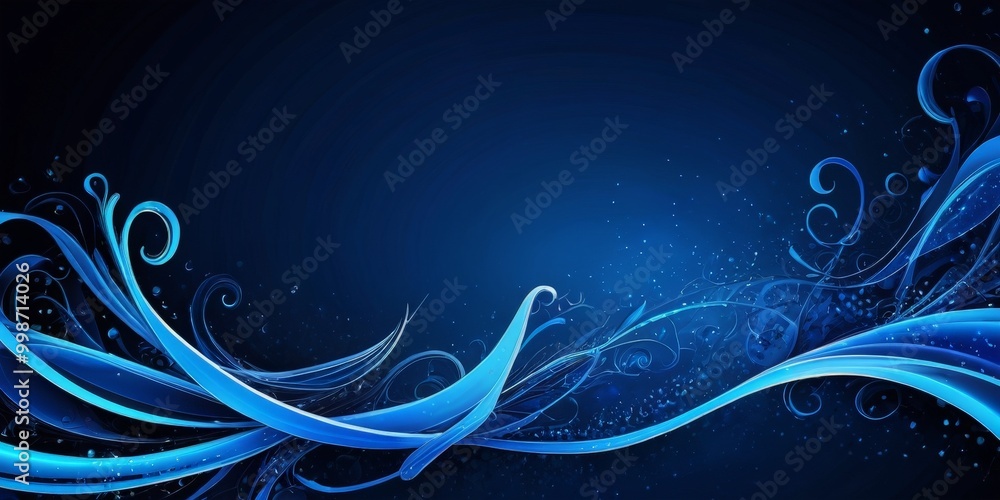 Poster a dark blue background with a swirling pattern of blue lines and shapes, creating a sense of movement and dynamism