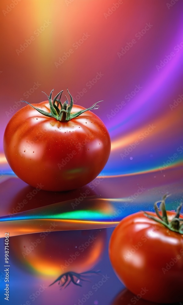 Poster two ripe tomatoes sit on a reflective surface, their vibrant red color contrasting with the multicol
