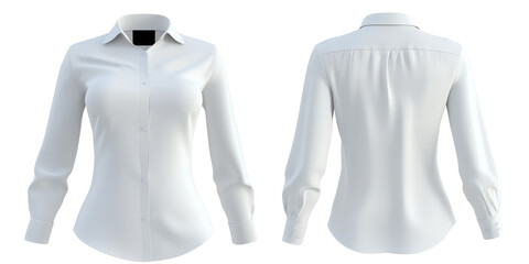 3d white woman blouse office formal shirt front and back view. Blank mockup for branding uniform on transparent cutout background, PNG file. Mockup clipart template