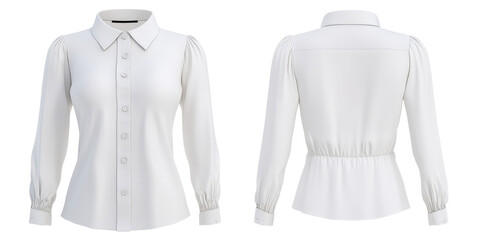 3d white woman blouse office formal shirt front and back view. Blank mockup for branding uniform on transparent cutout background, PNG file. Mockup clipart template