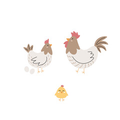 Cute cartoon childish Birds collection. Hand drawn. Vector illustrations of  white, and brown Chicken (Hen) and chick.