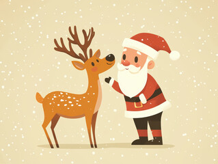 Santa Claus interacts with cheerful reindeer in snowy winter scene, capturing festive spirit of holiday season. This delightful image evokes joy and warmth