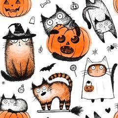 Seamless pattern Funny halloween cats. Holidays monsters.  Illustration of happy halloween animal.