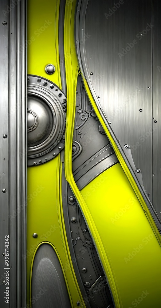 Poster a close-up view metallic surface with a striking contrast between the yellow and gray sections The yellow section is adorned with a circular design, while the gray
