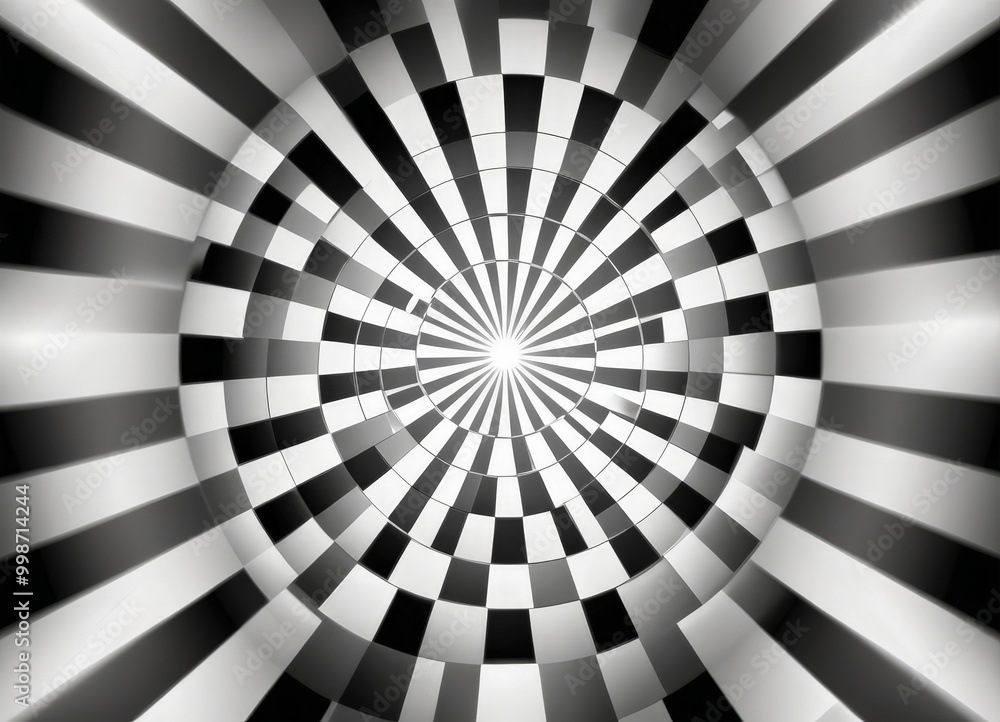Poster a black and white radial pattern with a central bright light shining through the radial lines, creating a mesmerizing optical illusion