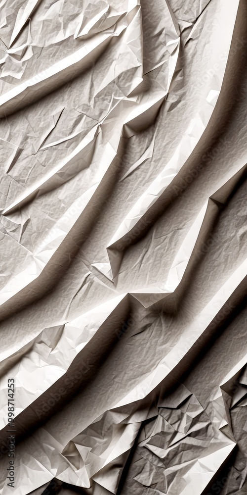 Poster a close-up view of crumpled white paper, with a textured and wrinkled appearance