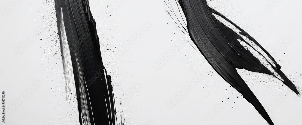 Poster abstract black and white image featuring two vertical brushstrokes with splatters and splotches.