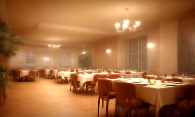 a dimly lit banquet hall with tables set for a formal event, featuring white tablecloths, red chairs, and a chandelier overhead