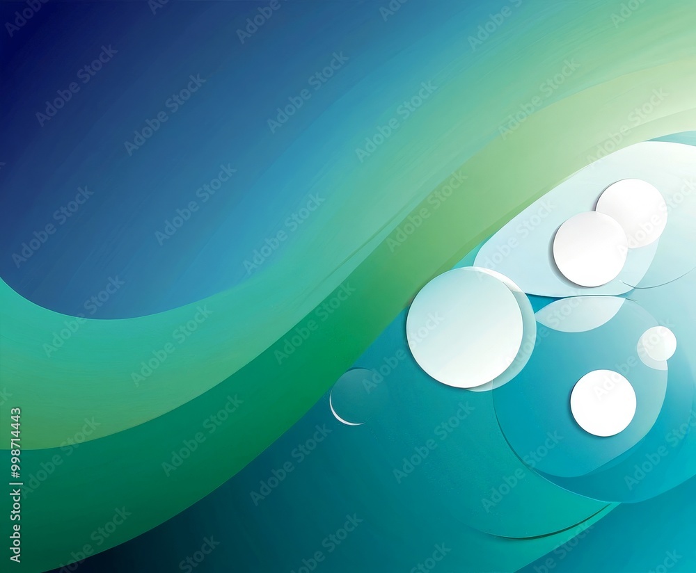Poster a vibrant abstract composition with a gradient of blue and green hues, accented by white circles and