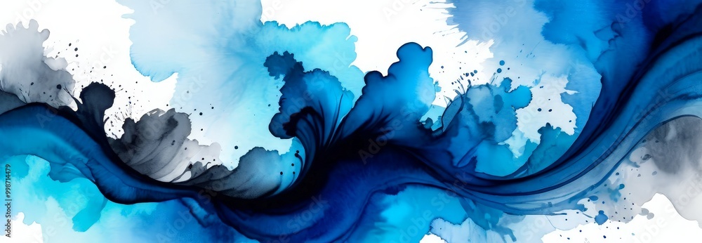 Poster an abstract painting featuring a wave-like pattern in shades of blue and black, with splashes of whi