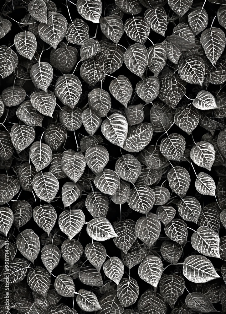 Leinwandbilder A monochromatic dense cluster of leaves, with intricate patterns and textures, creating a striking visual effect