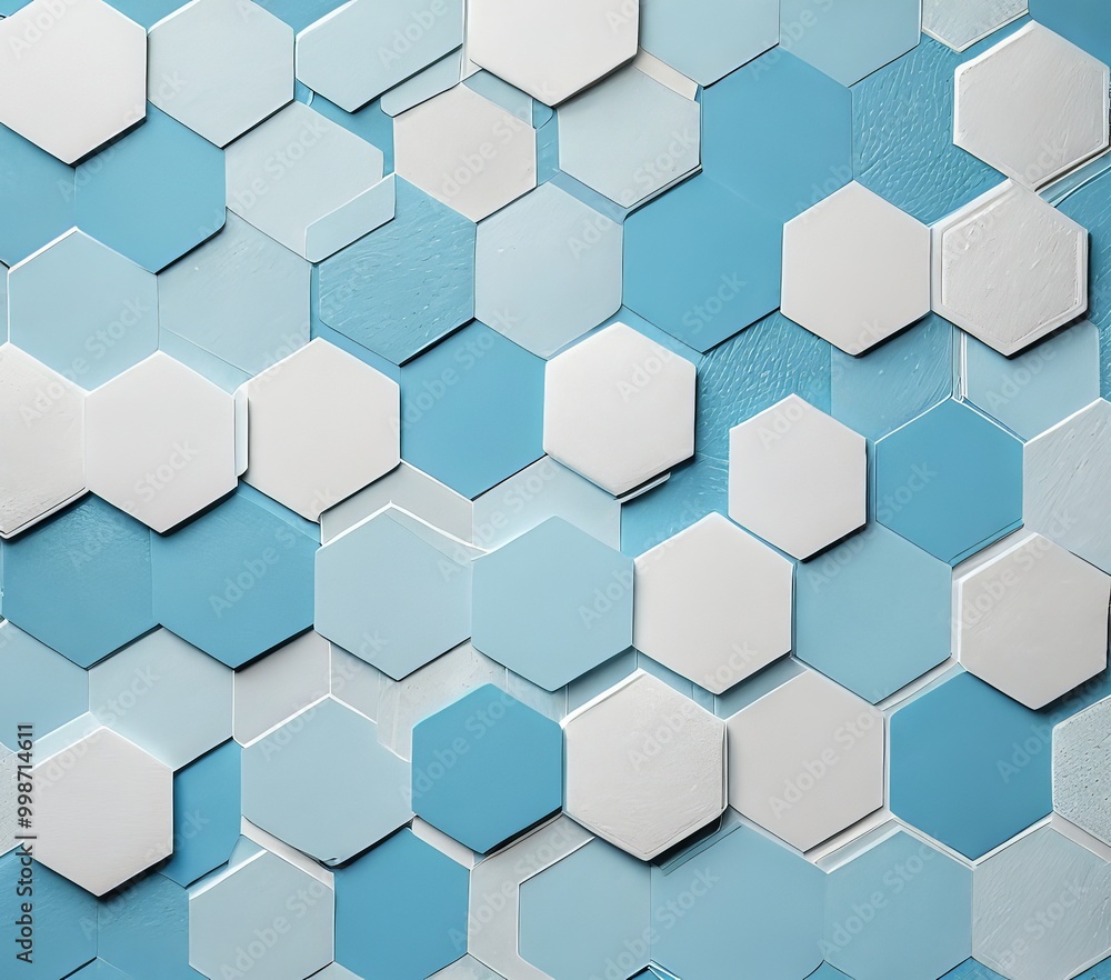 Poster a repeating pattern of white hexagonal tiles arranged in a grid-like fashion, with varying shades of