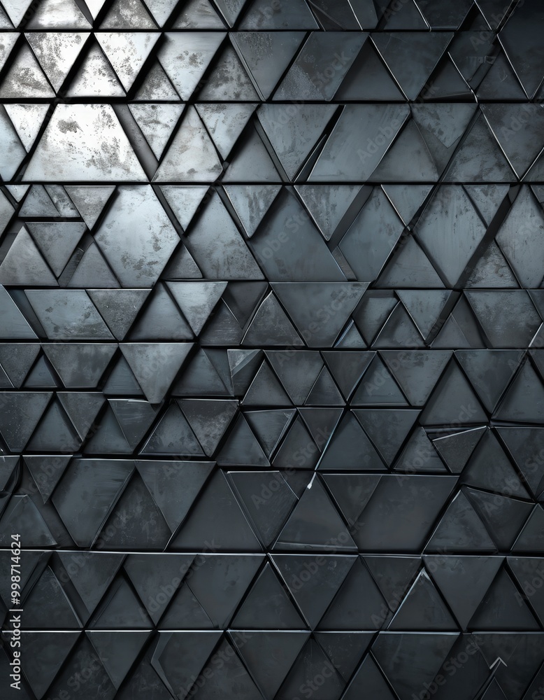 Poster a close-up view dark, metallic wall composed of numerous triangular panels arranged in a grid-like pattern The panels have a rough, textured appearance, and the