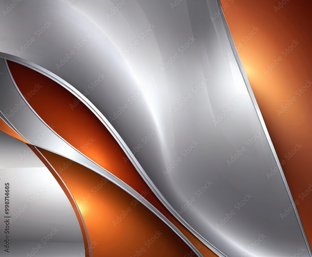 Poster a dynamic abstract composition of curved lines in shades of silver and orange, creating a sense of movement and energy