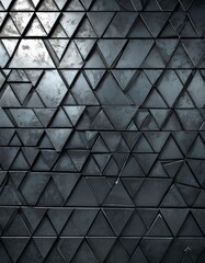 a close-up view dark, metallic wall composed of numerous triangular panels arranged in a grid-like pattern The panels have a rough, textured appearance, and the