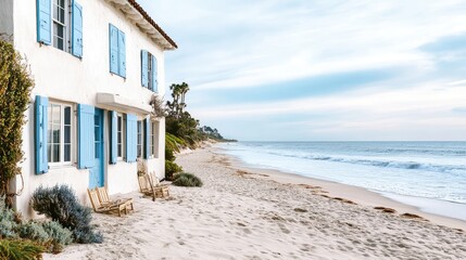 Fototapeta premium A stylish beachside retreat, with white walls, blue shutters, and a soft sandy beach leading to the gentle waves of the ocean, creating a tranquil vibe